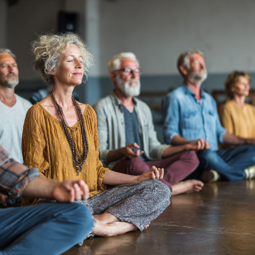 Група людей віком 50-60 років сидять у позі медитації в колі, закриті очі, руки на колінах, спокійна атмосфера