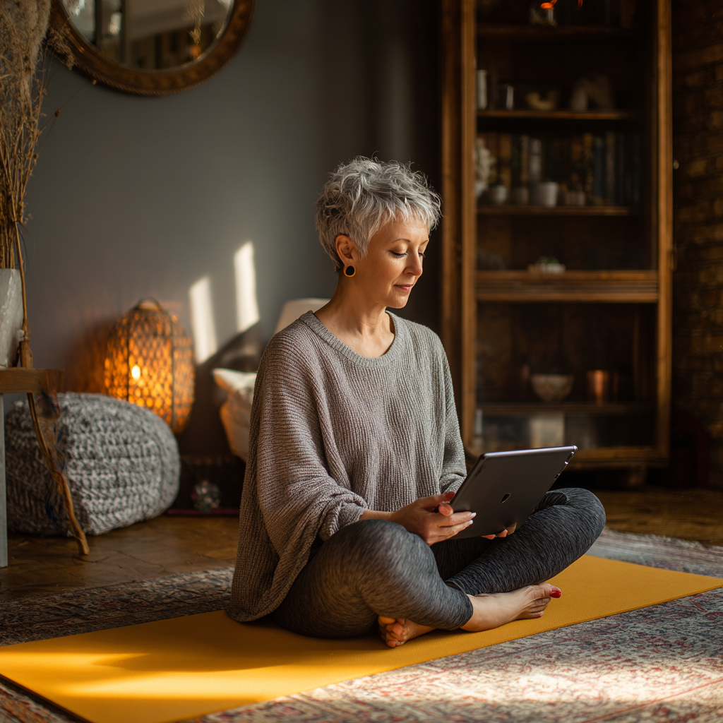 Жінка 52 років практикує йогу вдома, дивиться на планшет з онлайн заняттям, килимок для йоги, затишна домашня атмосфера